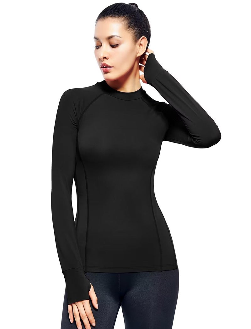 Zengjo Workout Long Sleeve Tops for Women Mock Neck Running Shirts with Thumb Holes(Black,S) - Image 1